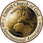 Seal of the United Church of God, an International Association. Preaching the gospel, preparing a people.(SM)